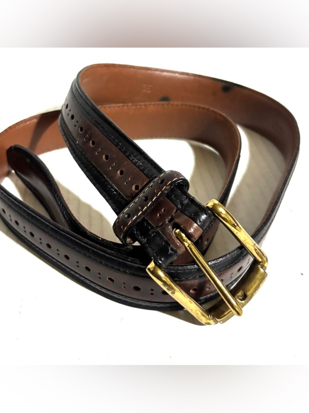 Classic Men's Brown and Black Leather Belt with Gold Buckle size 36